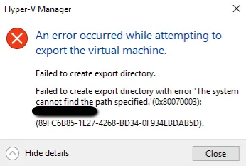 HyperV VM export error