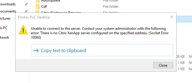 There is no Citrix XenApp server configured on the specified address. (Socket Error 10060)