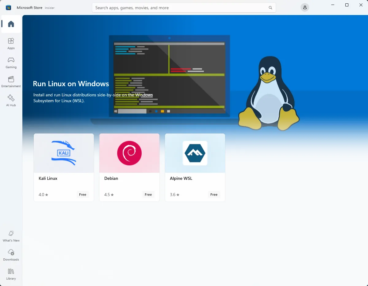 View of Linux distros in the Microsoft Store