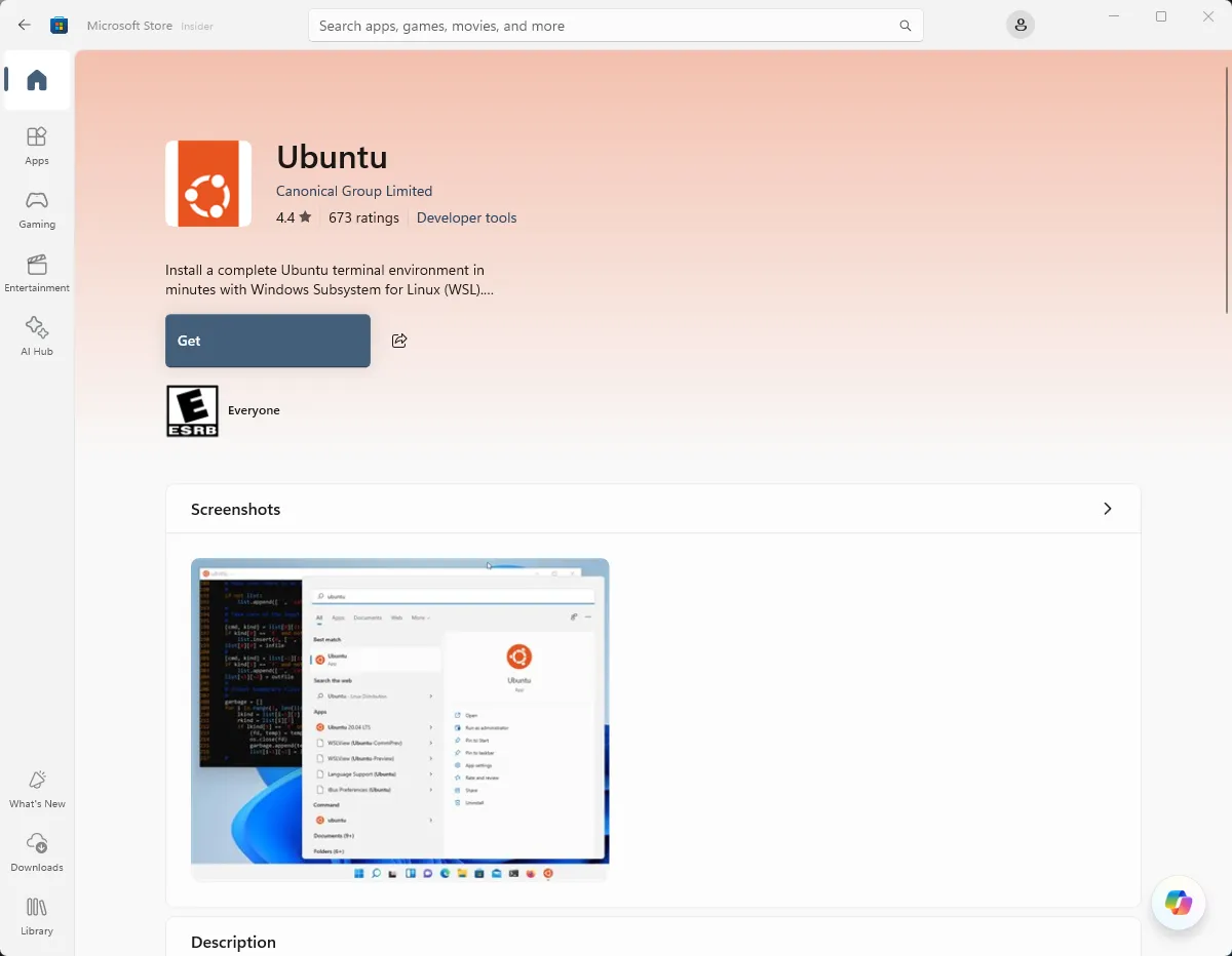 View of Linux distros in the Microsoft store